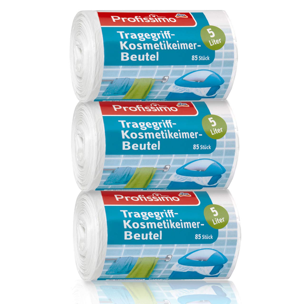 Kosmetikeimer Müllbeutel mit Tragegriff 5 Liter - 3er Pack - 255 Stück (3 x 85 Stück) - aus recyclebarem Polyethylen (PE) -