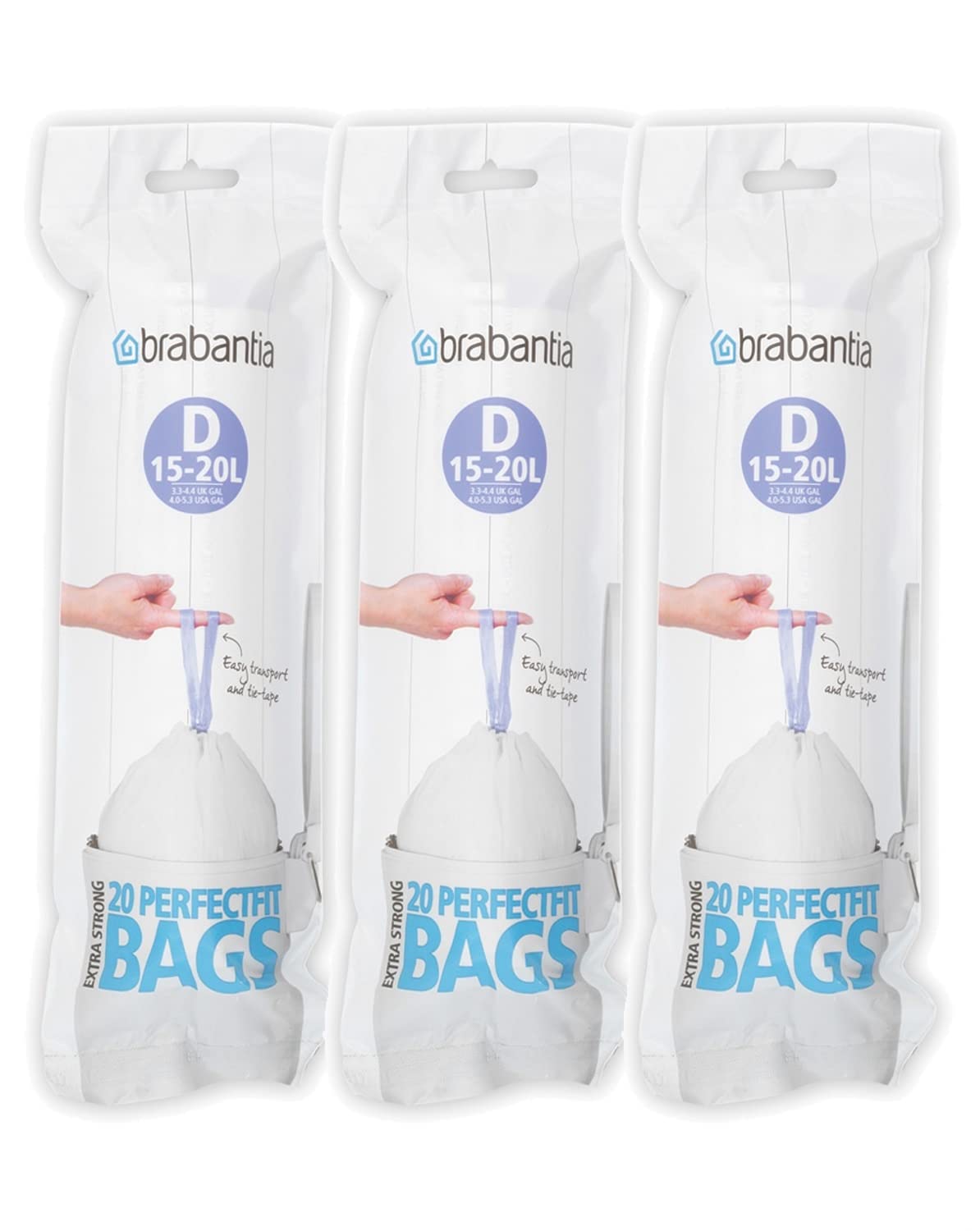 Brabantia Müllbeutel 15-20 Liter (Code D), Starke Müllsäcke mit Zugband 60-er Pack