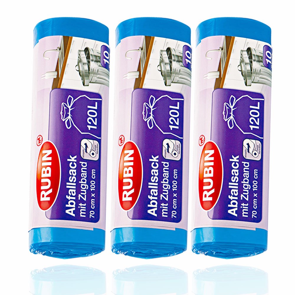 Zugband Müllsäcke - 120 Liter (30 Stück) - Für Haushalt und Büro - Reißfest und Flüssigkeitsdicht - 3er Pack (3x10 Stück) - Recyclebar - Besonders klein verpackt