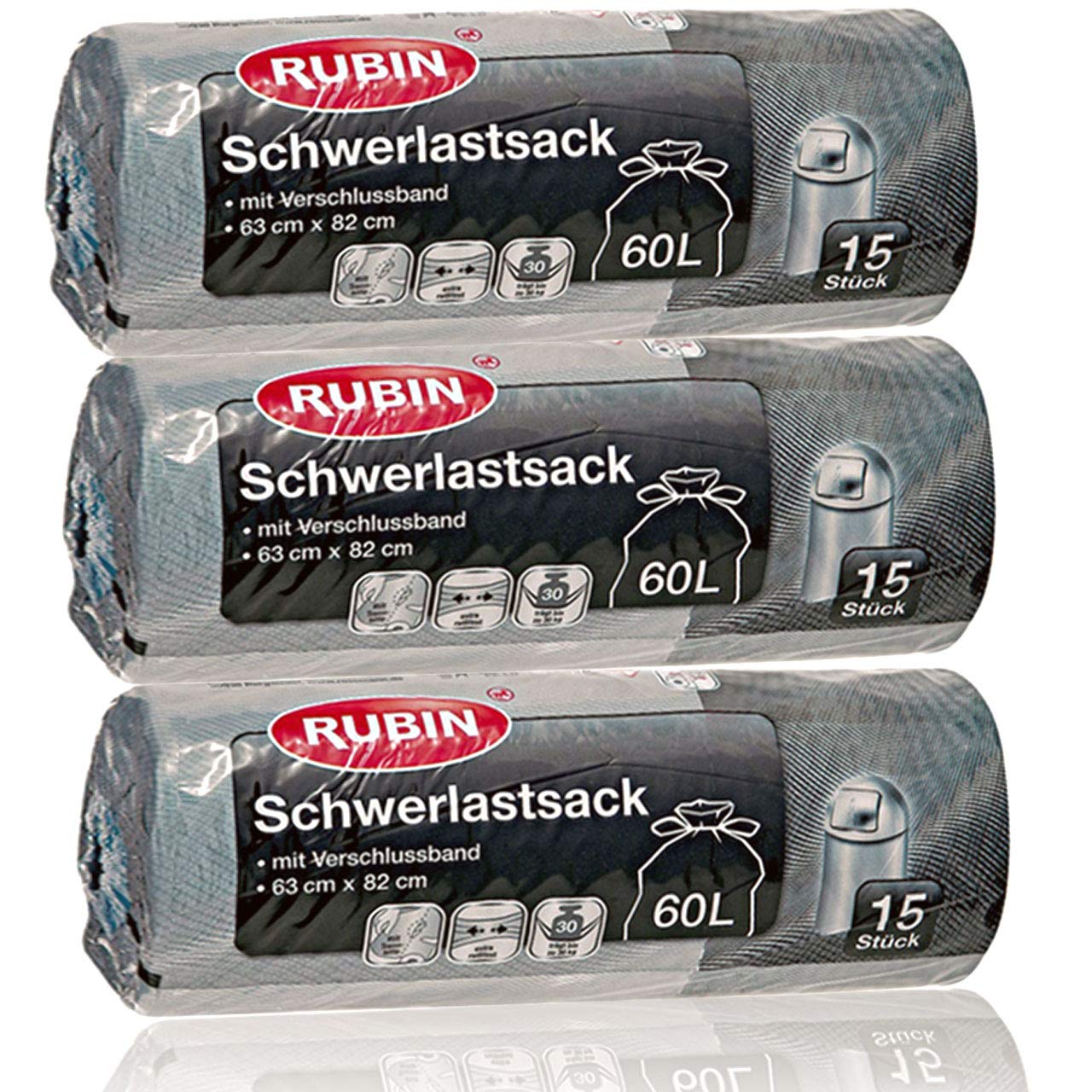60 Liter Schwerlast Abfallsäcke - 3er Pack 45 Stück (3 x 15 Stück) - Rubin Extra stark, reißfest & durchstoßsicher - Für Haushalt, Garten und Renovierung