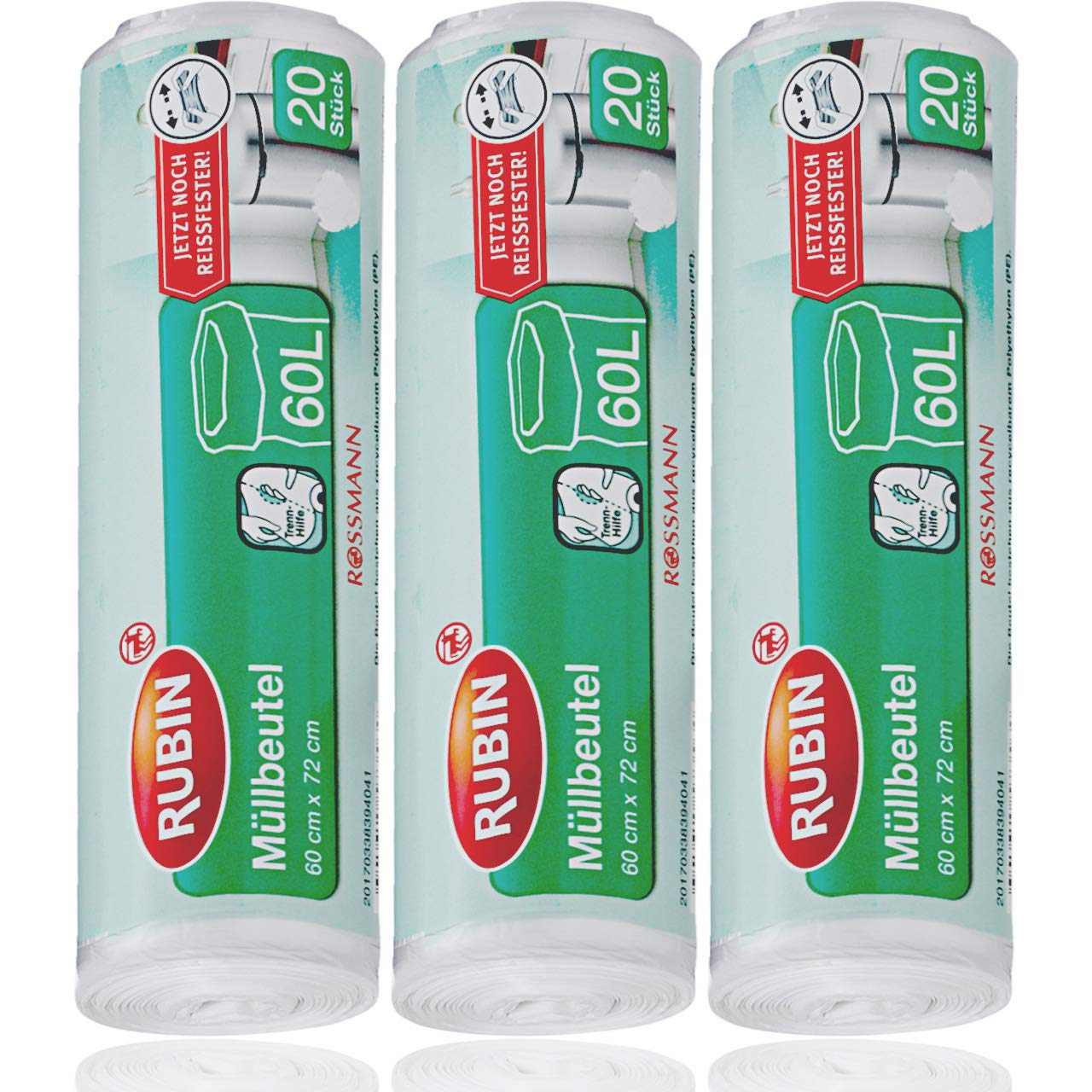 Müllbeutel - 60 Liter - besonders Reißfest - 3er Pack - 60 Stück ( 3 x 20 Stück) - aus recyclebarem Polyethylen (PE)-