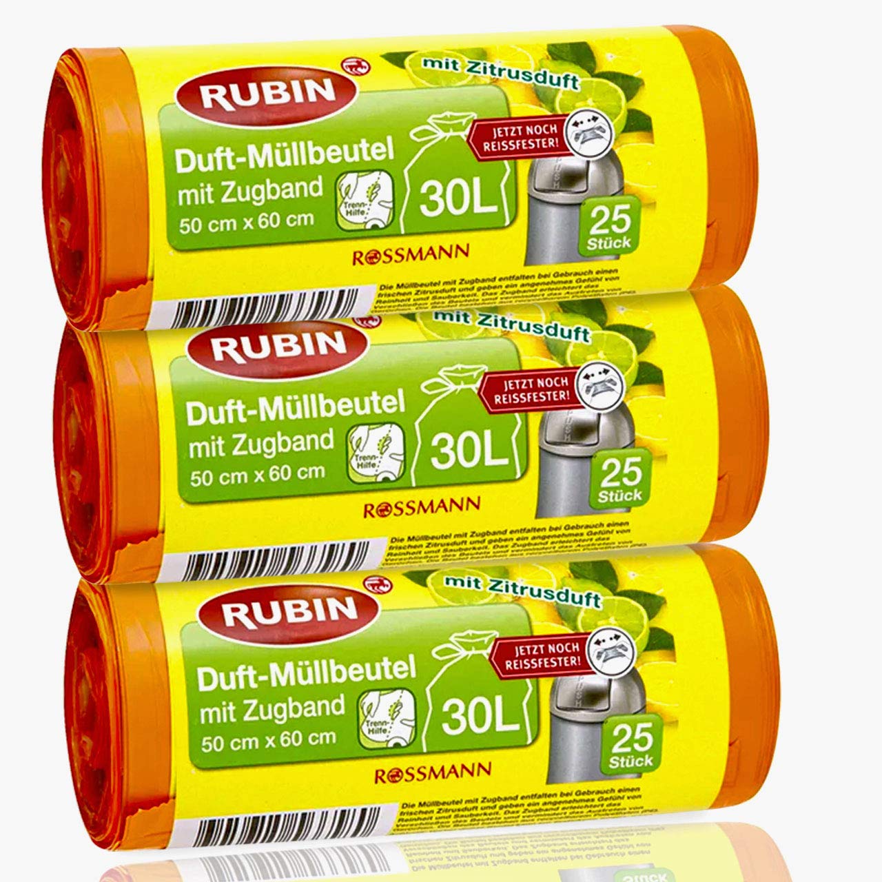 Rubin Duft-Müllbeutel - 30 Liter - recycelbar mit Zugband & besonders reißfest - 75 Stück - 3er Pack - (3 x 25 Stück)