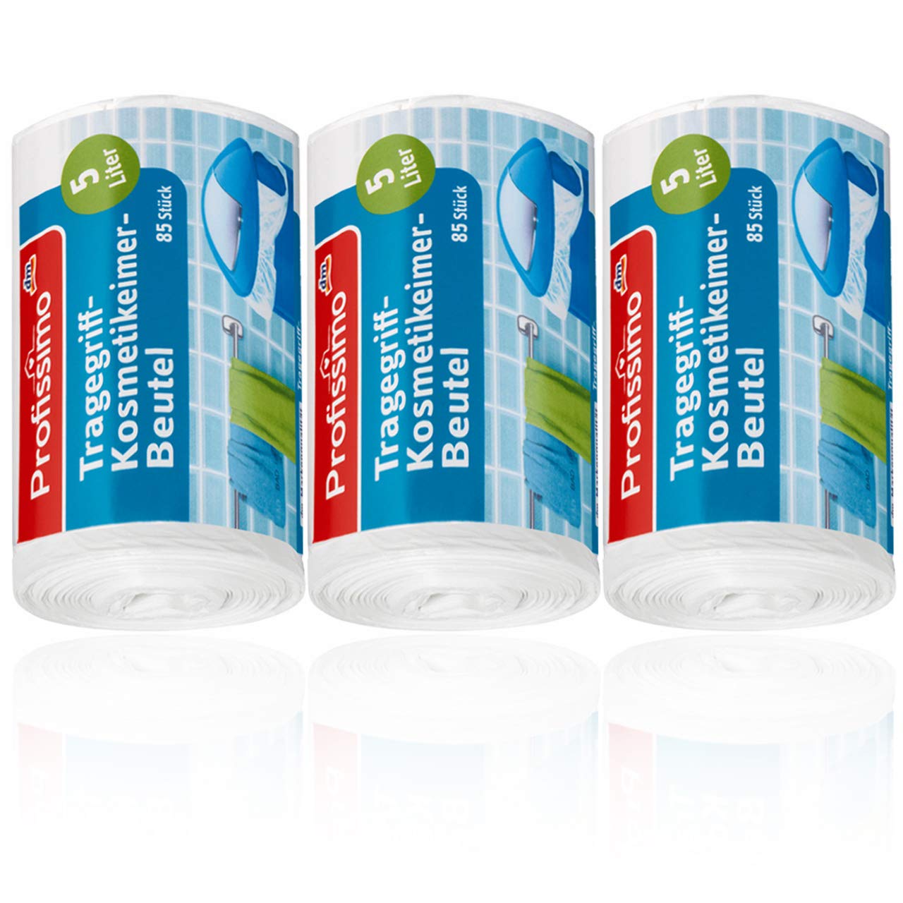Kosmetikeimer Müllbeutel mit Tragegriff 5 Liter - 3er Pack - 255 Stück (3 x 85 Stück) - aus recyclebarem Polyethylen (PE) -