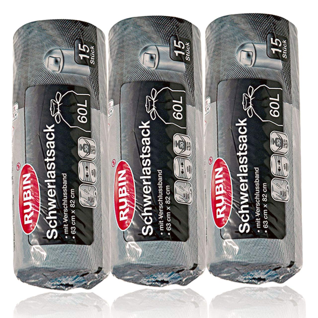 60 Liter Schwerlast Abfallsäcke - 3er Pack 45 Stück (3 x 15 Stück) - Rubin Extra stark, reißfest & durchstoßsicher - Für Haushalt, Garten und Renovierung