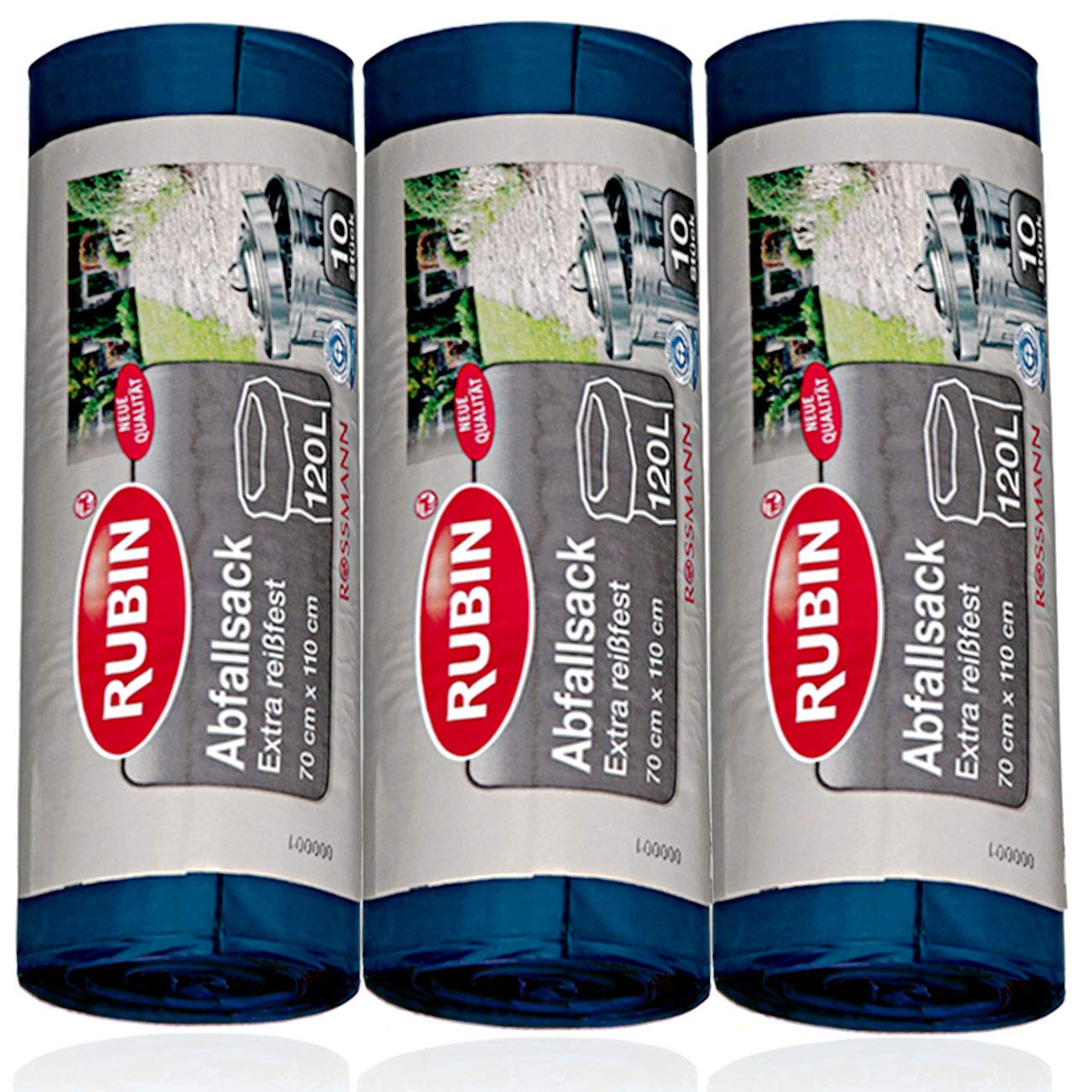 120 Liter Müllsäcke 3er Pack 30 Beutel (3 x 10 Stück) - RUBIN EXTRA REIßFEST und Flüssigkeitsdicht - Für Haus- Büro und Gartenabfälle -
