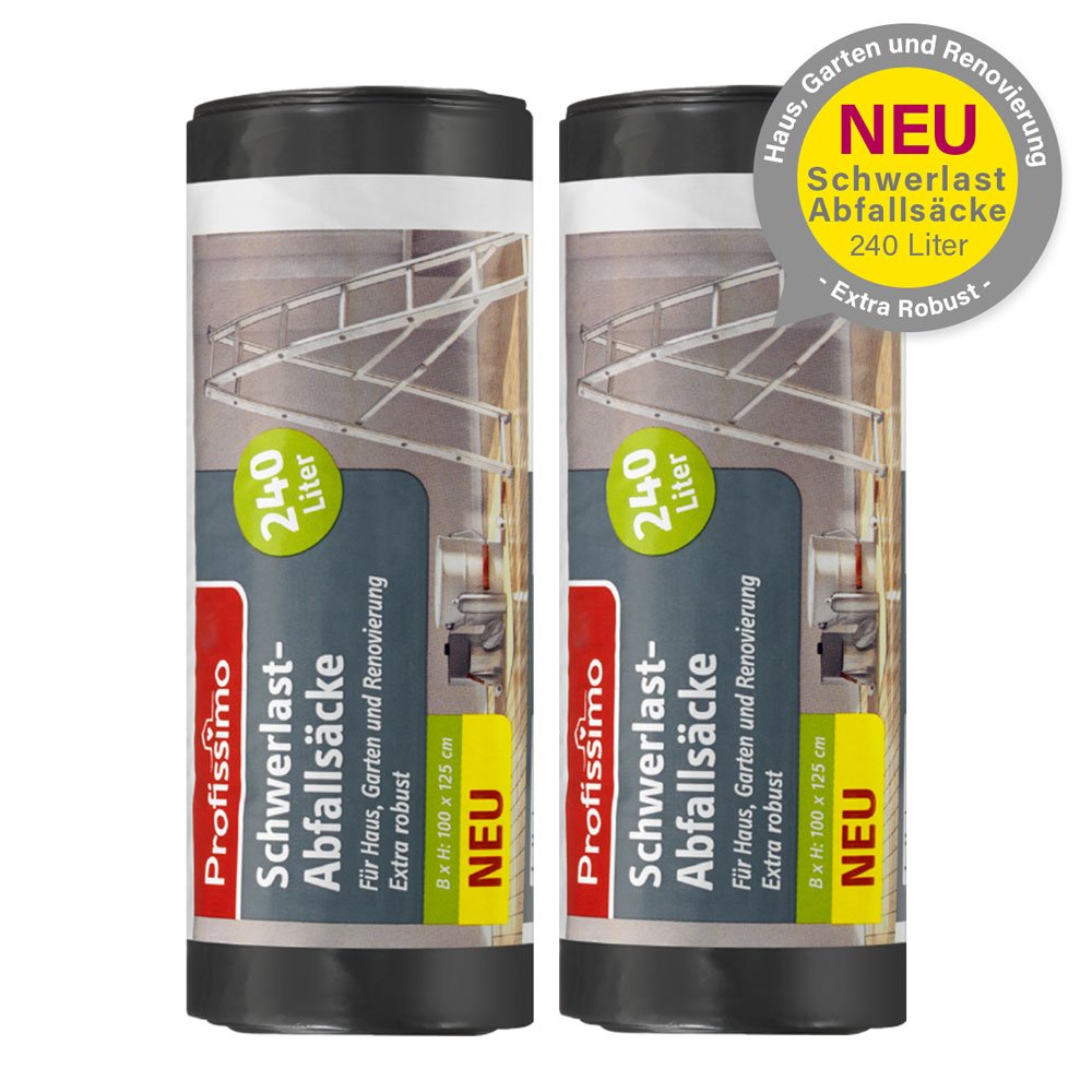 Schwerlast Abfallsäcke - Extra Robust - 240 Liter - 10 Stück - 2er Pack (2 x 5 Stück) - Für Haushalt, Garten und Renovierung - Mit besonders großer Einfüllöffnung