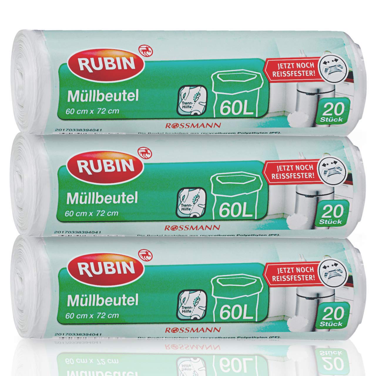 Müllbeutel - 60 Liter - besonders Reißfest - 3er Pack - 60 Stück ( 3 x 20 Stück) - aus recyclebarem Polyethylen (PE)-