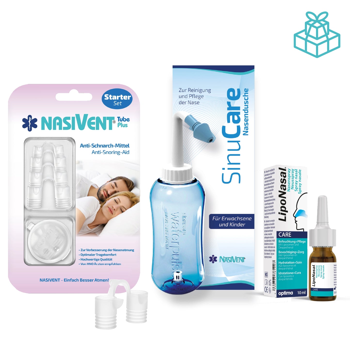 Nasivent Spar Set 3 – Nasendilatator Starter Set + Pflege-Spray + Nasendusche – Rundum-Pflege für deine Nase