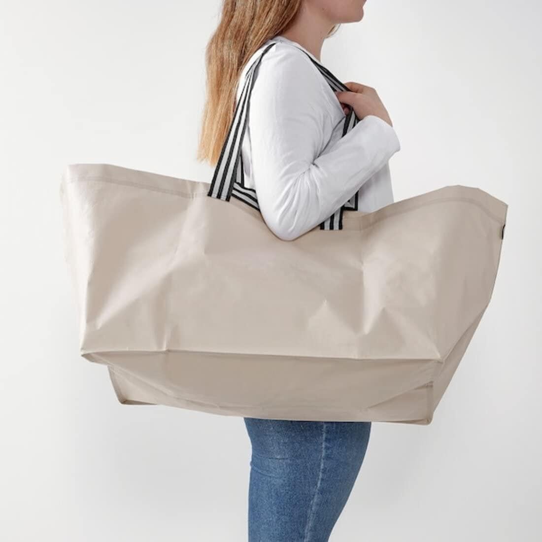 Ikea GORSNYGG Große wiederverwendbare Tragetasche, (FRAKTA-Style), hellbeige mit gestreiften Griffen, 57 x 37 x 39 cm, 71 l, 205.041.94 – 3er-Set