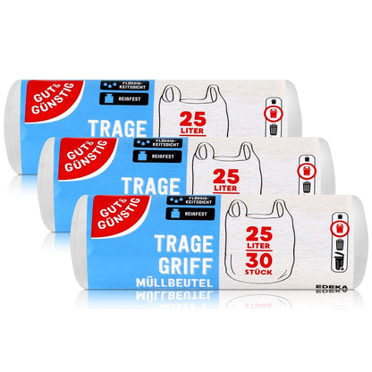 300 Stück Müllbeutel mit Tragegriff | 25 Liter | 30 Beutel pro Rolle | Reißfest & flüssigkeitsdicht | Produkt & Verpackung recyclebar