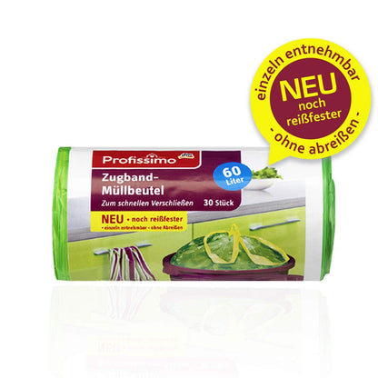 Zugband Müllbeutel - 60 Liter - (30 Stück) - Reißfest & Flüssigkeitsdicht - Einfach einzeln entnehmbar ohne abreißen