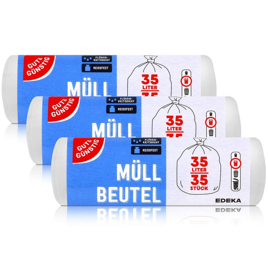 Gut & Günstig Müllbeutel 35L (35 Stück) - 3er Pack - Reißfest & Flüssigkeitsdicht - (3 x 35 Stück)