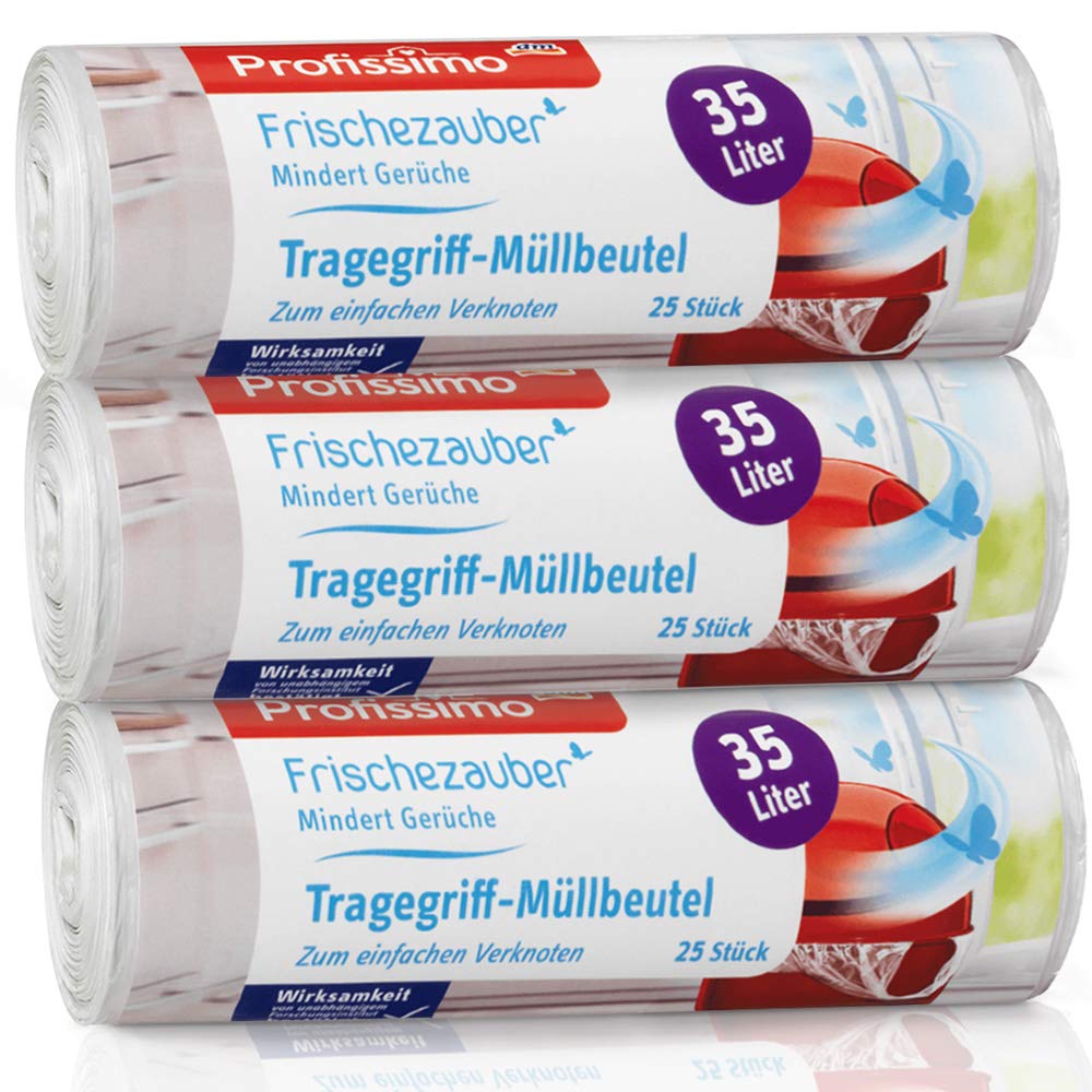 Gut & Günstig Tragegriff Müllbeutel 35L - 3er Pack - Reißfest & Flüssigkeitsdicht - (3 x 25 Stück)