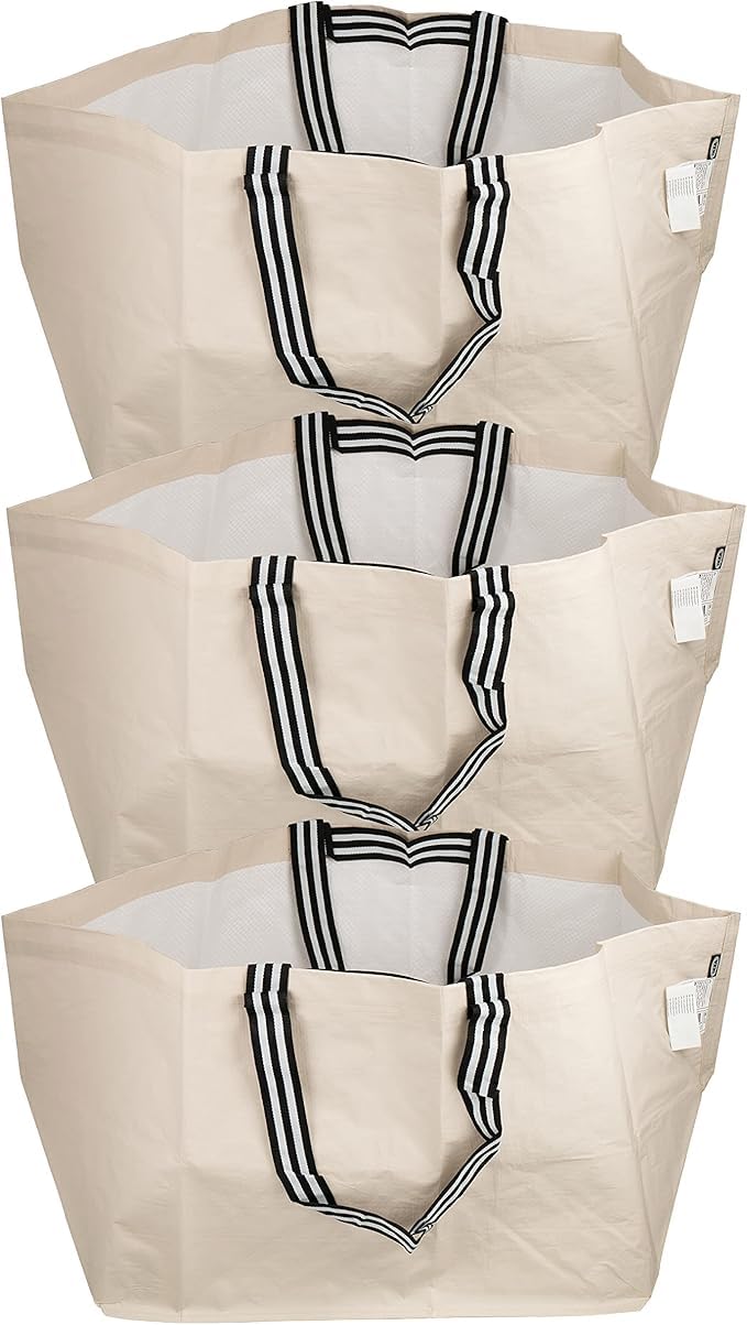 Ikea GORSNYGG Große wiederverwendbare Tragetasche, (FRAKTA-Style), hellbeige mit gestreiften Griffen, 57 x 37 x 39 cm, 71 l, 205.041.94 – 3er-Set