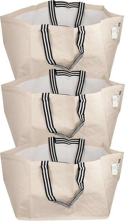 Ikea GORSNYGG Große wiederverwendbare Tragetasche, (FRAKTA-Style), hellbeige mit gestreiften Griffen, 57 x 37 x 39 cm, 71 l, 205.041.94 – 3er-Set