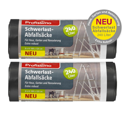 Schwerlast Abfallsäcke - Extra Robust - 240 Liter - 10 Stück - 2er Pack (2 x 5 Stück) - Für Haushalt, Garten und Renovierung - Mit besonders großer Einfüllöffnung