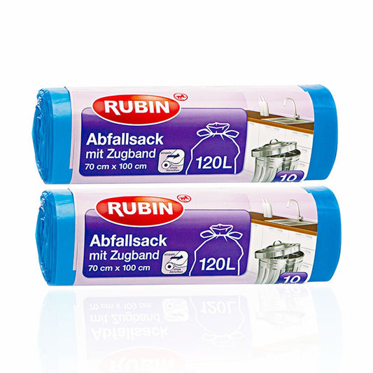 Zugband Müllsäcke für Haushalt und Büro - Reißfest und Flüssigkeitsdicht - Für Haus- und Büroabfälle - 120 Liter - 2er Pack (20 Stück) - Recyclebar - Besonders klein verpackt