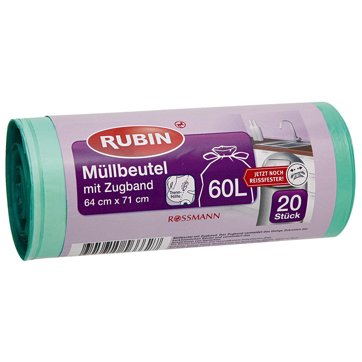 RUBIN Müllbeutel mit Zugband 60 l 1 x 20 Stück jetzt noch reißfester, Maße: ca. 64/71 cm