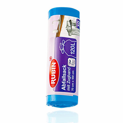 Zugband Müllsäcke für Haushalt und Büro - Reißfest und Flüssigkeitsdicht - Für Haus- und Büroabfälle - 120 Liter - 1er Pack (10 Stück) - Recyclebar - Besonders klein verpackt