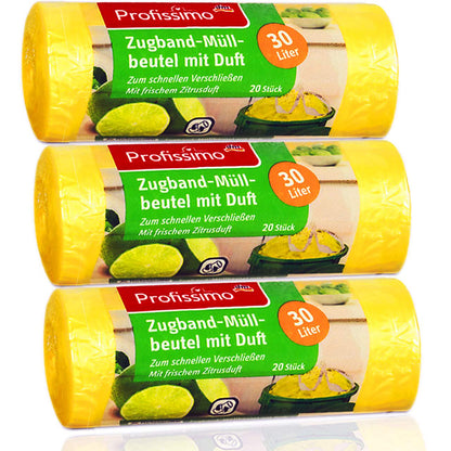 Zugband Müllbeutel mit frischem Zitrusduft - 30 Liter - 20 Stück - ideal für Büro, Haushalt und Bad