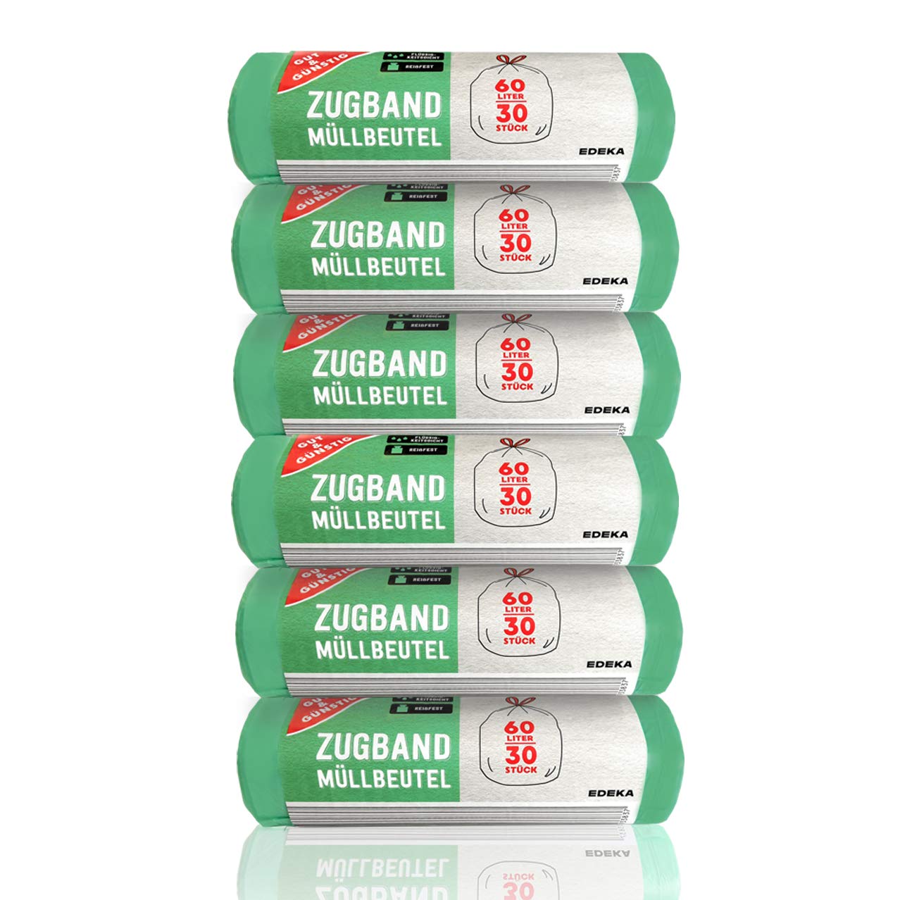 Gut & Günstig Zugband Müllbeutel 60L (30 Stück) - 6er Pack - Reißfest & Flüssigkeitsdicht (6x30 Stück)