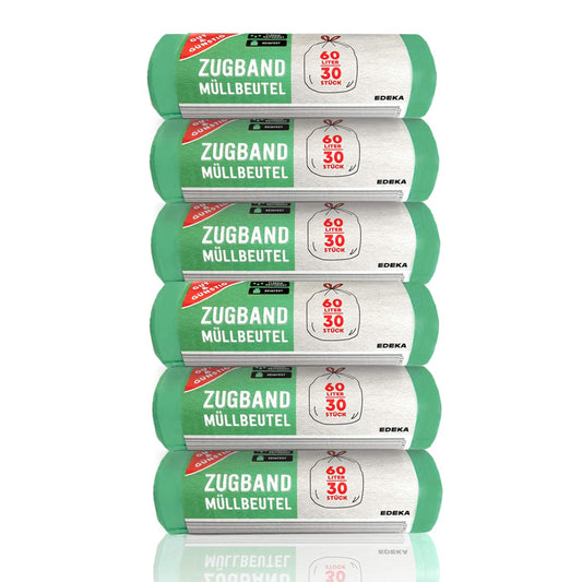 Gut & Günstig Zugband Müllbeutel 60L (30 Stück) - 6er Pack - Reißfest & Flüssigkeitsdicht (6x30 Stück)