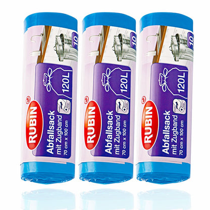 Zugband Müllsäcke - 120 Liter (30 Stück) - Für Haushalt und Büro - Reißfest und Flüssigkeitsdicht - 3er Pack (3x10 Stück) - Recyclebar - Besonders klein verpackt