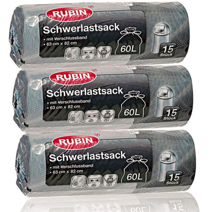 60 Liter Schwerlast Abfallsäcke - 3er Pack 45 Stück (3 x 15 Stück) - Rubin Extra stark, reißfest & durchstoßsicher - Für Haushalt, Garten und Renovierung