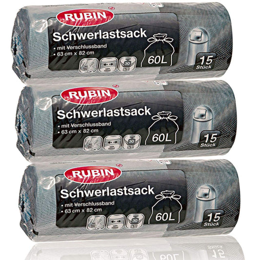 60 Liter Schwerlast Abfallsäcke - 3er Pack 45 Stück (3 x 15 Stück) - Rubin Extra stark, reißfest & durchstoßsicher - Für Haushalt, Garten und Renovierung