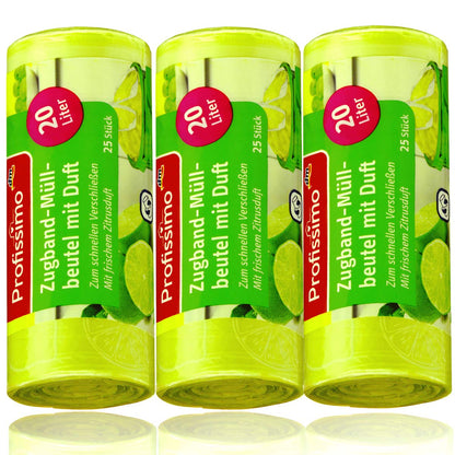 Profissimo 20 Liter Zugband Müllbeutel mit frischem Zitrusduft - 3er Pack - 75 Beutel (3 x 25 Stück) - Ideal für Haushalt, Büro und Bad…