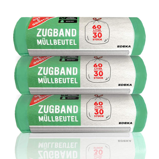 Gut & Günstig Zugband Müllbeutel 60L (30 Stück) - 3er Pack - Reißfest & Flüssigkeitsdicht (3x30 Stück)