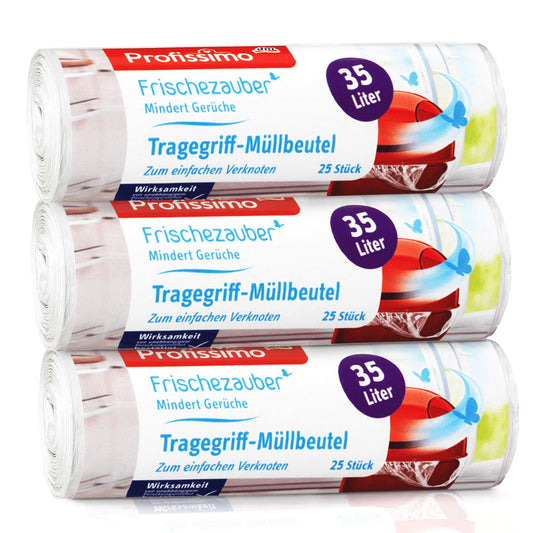 Gut & Günstig Tragegriff Müllbeutel 35L - 3er Pack - Reißfest & Flüssigkeitsdicht - (3 x 25 Stück)