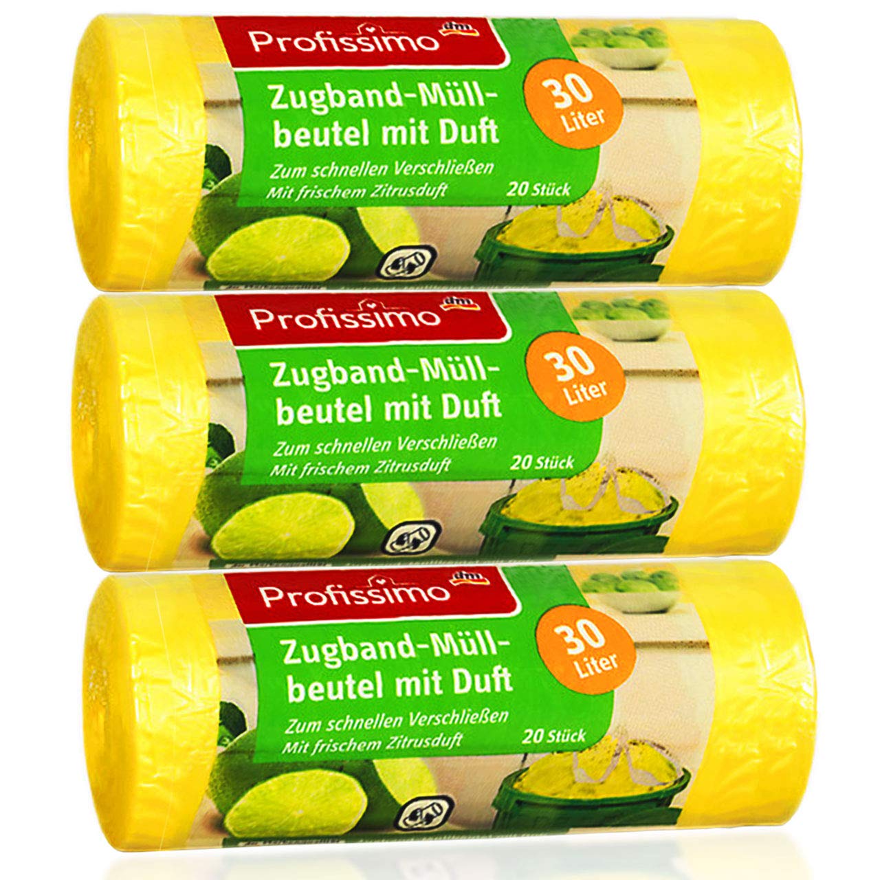 Zugband Müllbeutel mit frischem Zitrusduft - 30 Liter - 20 Stück - ideal für Büro, Haushalt und Bad