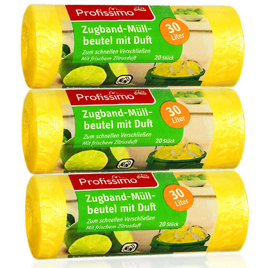 Zugband Müllbeutel mit frischem Zitrusduft - 30 Liter - 20 Stück - ideal für Büro, Haushalt und Bad