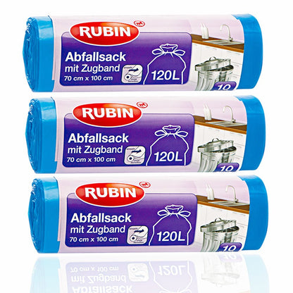 Zugband Müllsäcke - 120 Liter (30 Stück) - Für Haushalt und Büro - Reißfest und Flüssigkeitsdicht - 3er Pack (3x10 Stück) - Recyclebar - Besonders klein verpackt