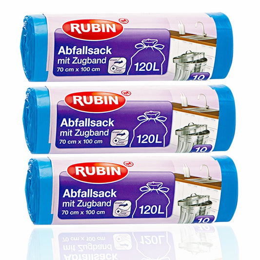 Zugband Müllsäcke - 120 Liter (30 Stück) - Für Haushalt und Büro - Reißfest und Flüssigkeitsdicht - 3er Pack (3x10 Stück) - Recyclebar - Besonders klein verpackt
