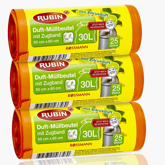 Rubin Duft-Müllbeutel - 30 Liter - recycelbar mit Zugband & besonders reißfest - 75 Stück - 3er Pack - (3 x 25 Stück)