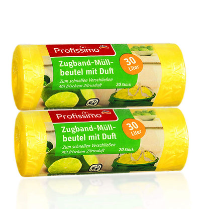Zugband Müllbeutel mit frischem Zitrusduft - 30 Liter - 20 Stück - ideal für Büro, Haushalt und Bad