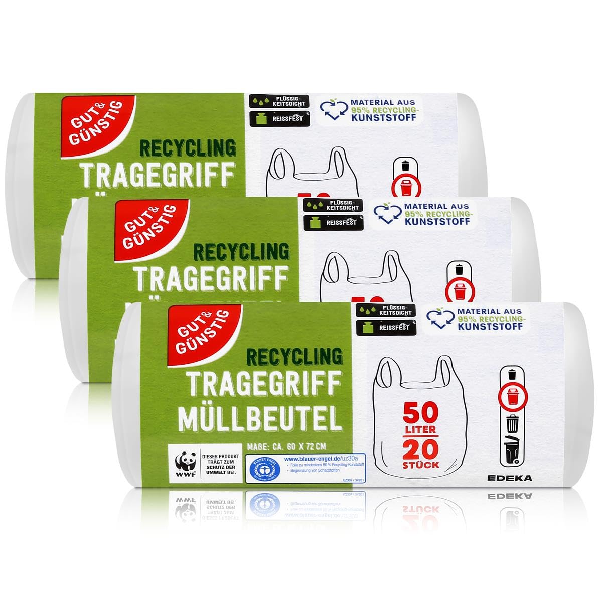 300 Stück Müllbeutel mit Tragegriff | 25 Liter | 30 Beutel pro Rolle | Reißfest & flüssigkeitsdicht | Produkt & Verpackung recyclebar