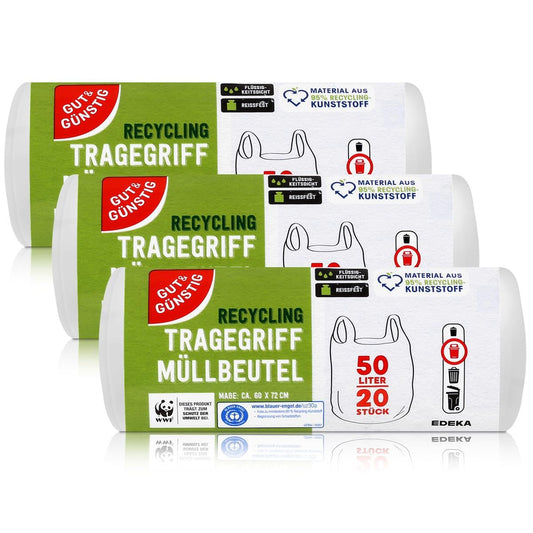 300 Stück Müllbeutel mit Tragegriff | 25 Liter | 30 Beutel pro Rolle | Reißfest & flüssigkeitsdicht | Produkt & Verpackung recyclebar