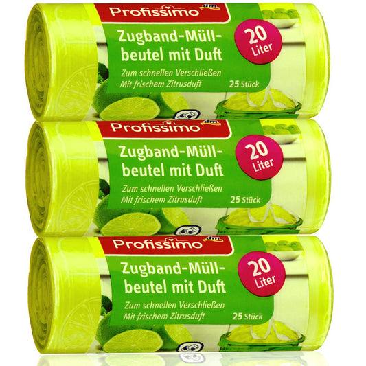 Profissimo 20 Liter Zugband Müllbeutel mit frischem Zitrusduft - 3er Pack - 75 Beutel (3 x 25 Stück) - Ideal für Haushalt, Büro und Bad…