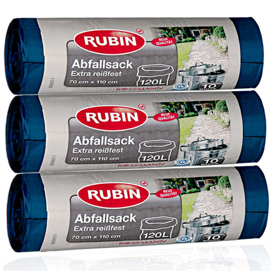 120 Liter Müllsäcke 3er Pack 30 Beutel (3 x 10 Stück) - RUBIN EXTRA REIßFEST und Flüssigkeitsdicht - Für Haus- Büro und Gartenabfälle -