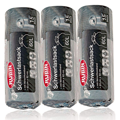 60 Liter Schwerlast Abfallsäcke - 3er Pack 45 Stück (3 x 15 Stück) - Rubin Extra stark, reißfest & durchstoßsicher - Für Haushalt, Garten und Renovierung