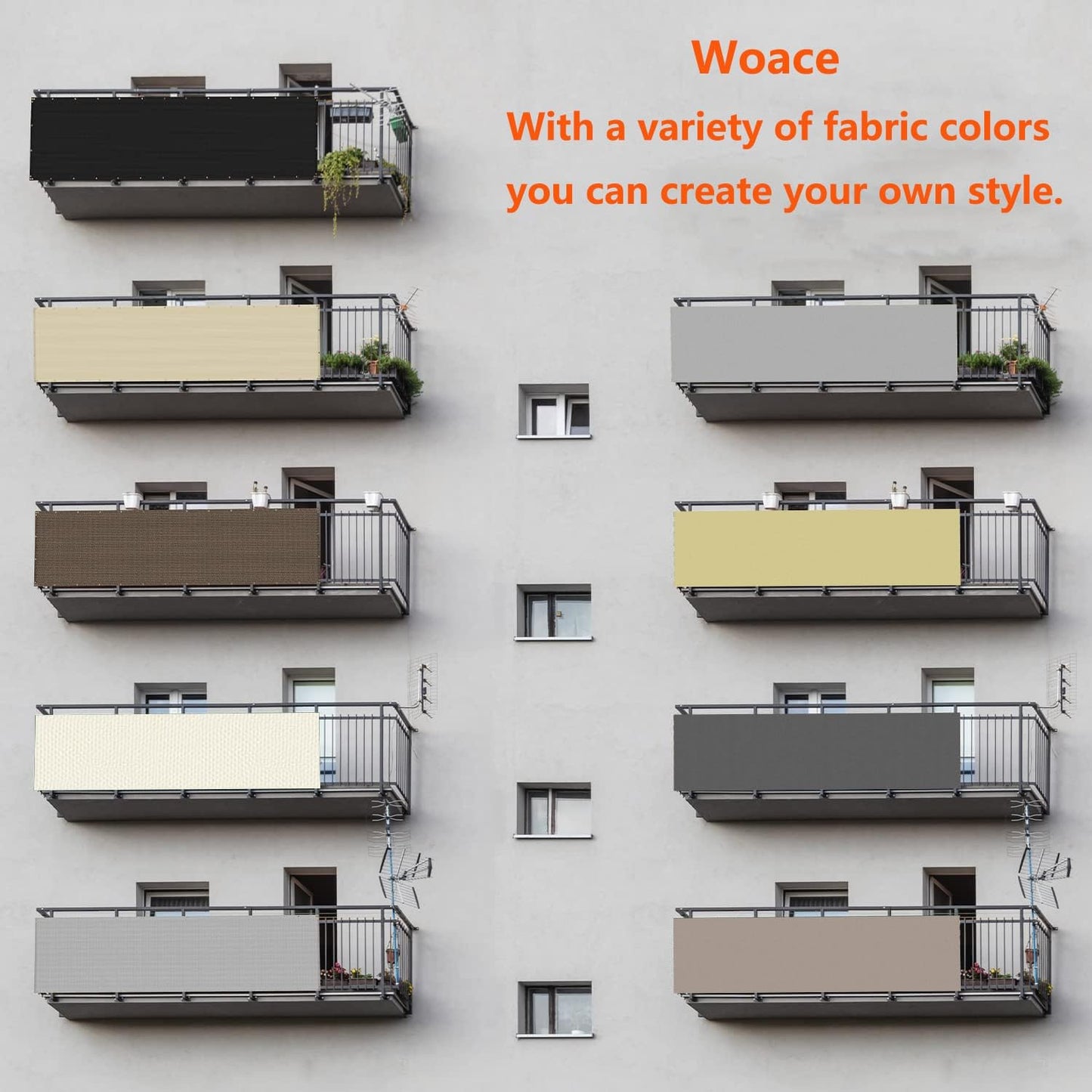 Woace Balkon-Sicht-Schutz Ohne Bohren Balkon Verkleidung mit Ösen und Kabelbinder Blickdichte Wasserfest Windfest und UV-Schutz Balkon Abdeckung für Balkongeländer Terrasse Garten Hellgrau 70x450cm