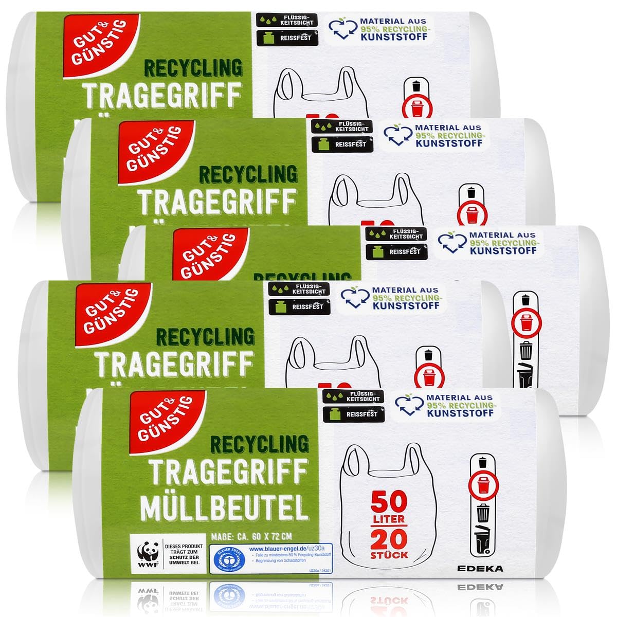 300 Stück Müllbeutel mit Tragegriff | 25 Liter | 30 Beutel pro Rolle | Reißfest & flüssigkeitsdicht | Produkt & Verpackung recyclebar