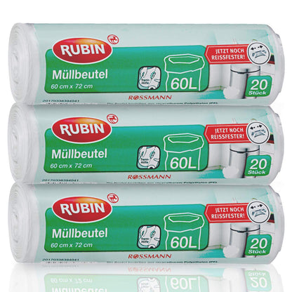 Müllbeutel - 60 Liter - besonders Reißfest - 3er Pack - 60 Stück ( 3 x 20 Stück) - aus recyclebarem Polyethylen (PE)-
