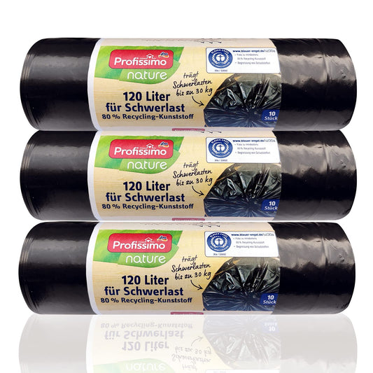 Profissimo Recycling Schwerlast-Abfallsäcke 120 Liter Nature - Reißfest bis 30kg - 30 Stück - 3er Pack (3 x 10 Stück) - Für Haushalt, Büro und Garten