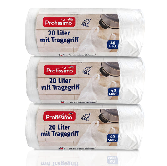 Müllbeutel mit Griff | 20 Liter | Reißfest & auslaufsicher | 3-120 Beutel (3x40 Beutel) | Verpackung & Produkt recyclebar