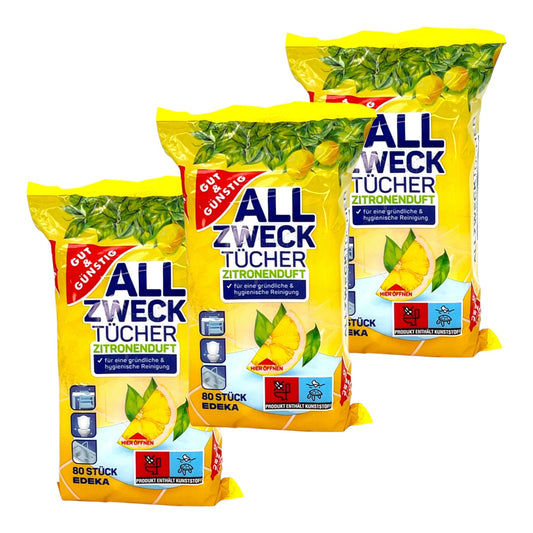Gut & Günstig Allzwecktücher Zitronenduft | 80 Tücher pro Packung (3er Pack)
