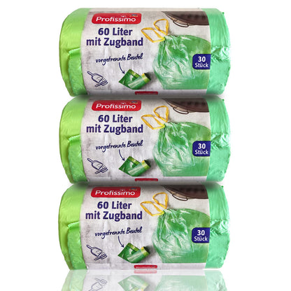 Zugband Müllbeutel - 60 Liter (90 Stück) - Reißfest & Flüssigkeitsdicht - 3er Pack (3 x 30 Stück) - Einfach einzeln entnehmbar ohne abreißen